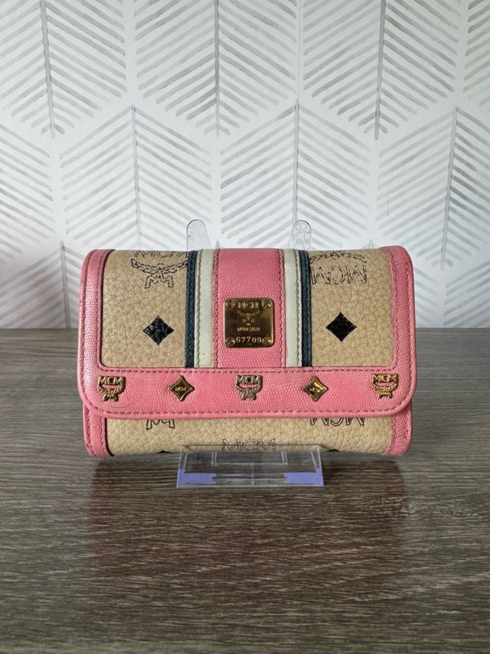 MCM Visetos Pink and Tan Trifold Wallet